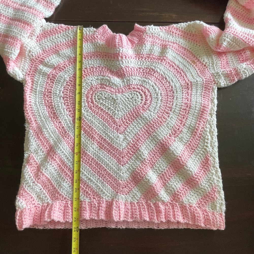 Handmade Pink‎ White Heart Crochet Sweater Striped Balloon Sleeve Oversized Boho - Picture 5 of 6